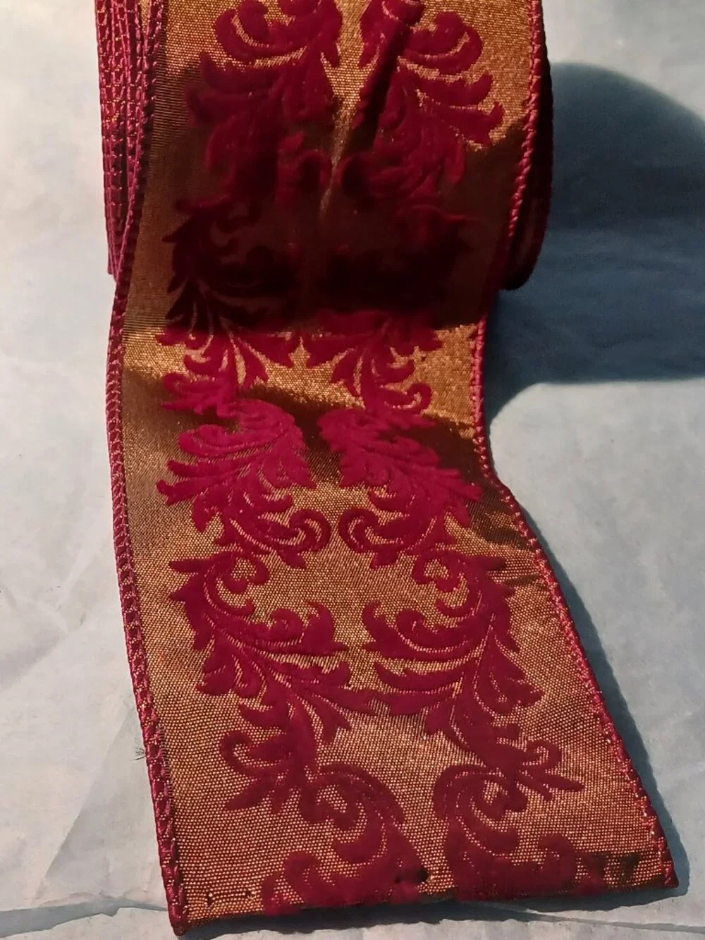19+ Ft of Antique Gold Red Flocked Ribbon